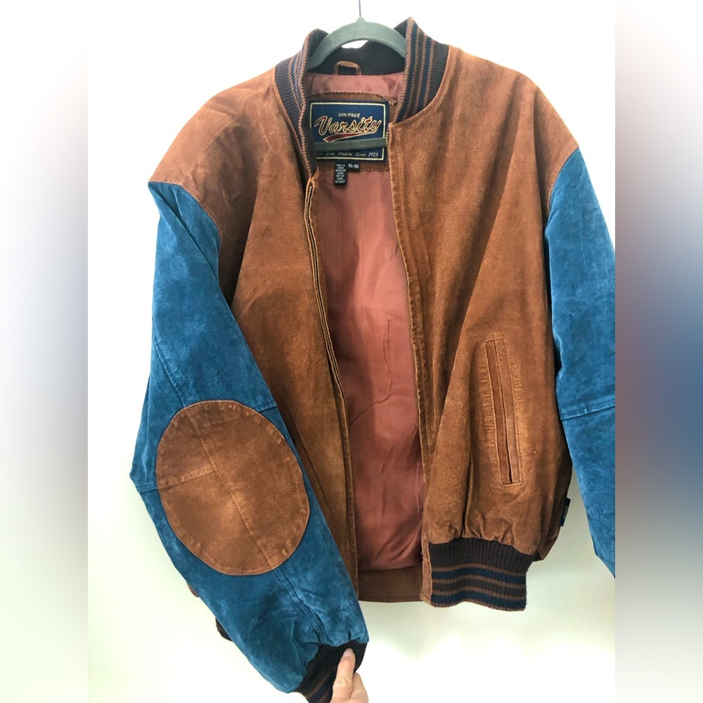 Vintage suede varsity jacket, blue/brown, GUC